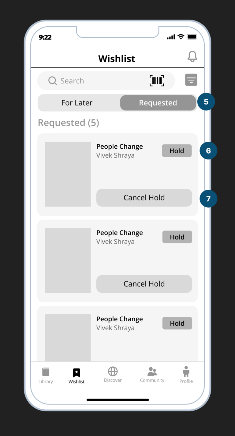 (5) Tab Requested- Users request to borrow, notification has been sent to book owner

(6) Book status On-Hold if user has
requested to borrow

(7) Cancel Hold button ro cancel borrowing
request